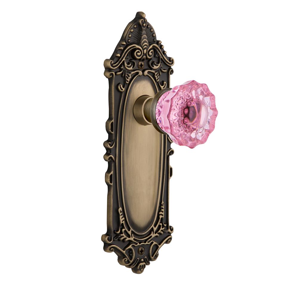 Nostalgic Warehouse VICCRP Colored Crystal Victorian Plate Passage Crystal Pink Glass Door Knob in Antique Brass